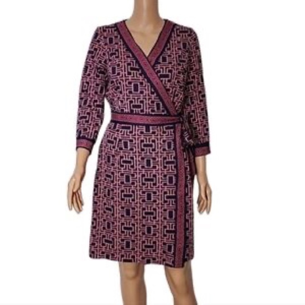 Elizabeth McKay Geometric Wrap Dress Pink Blue 3/4‎ Sleeve